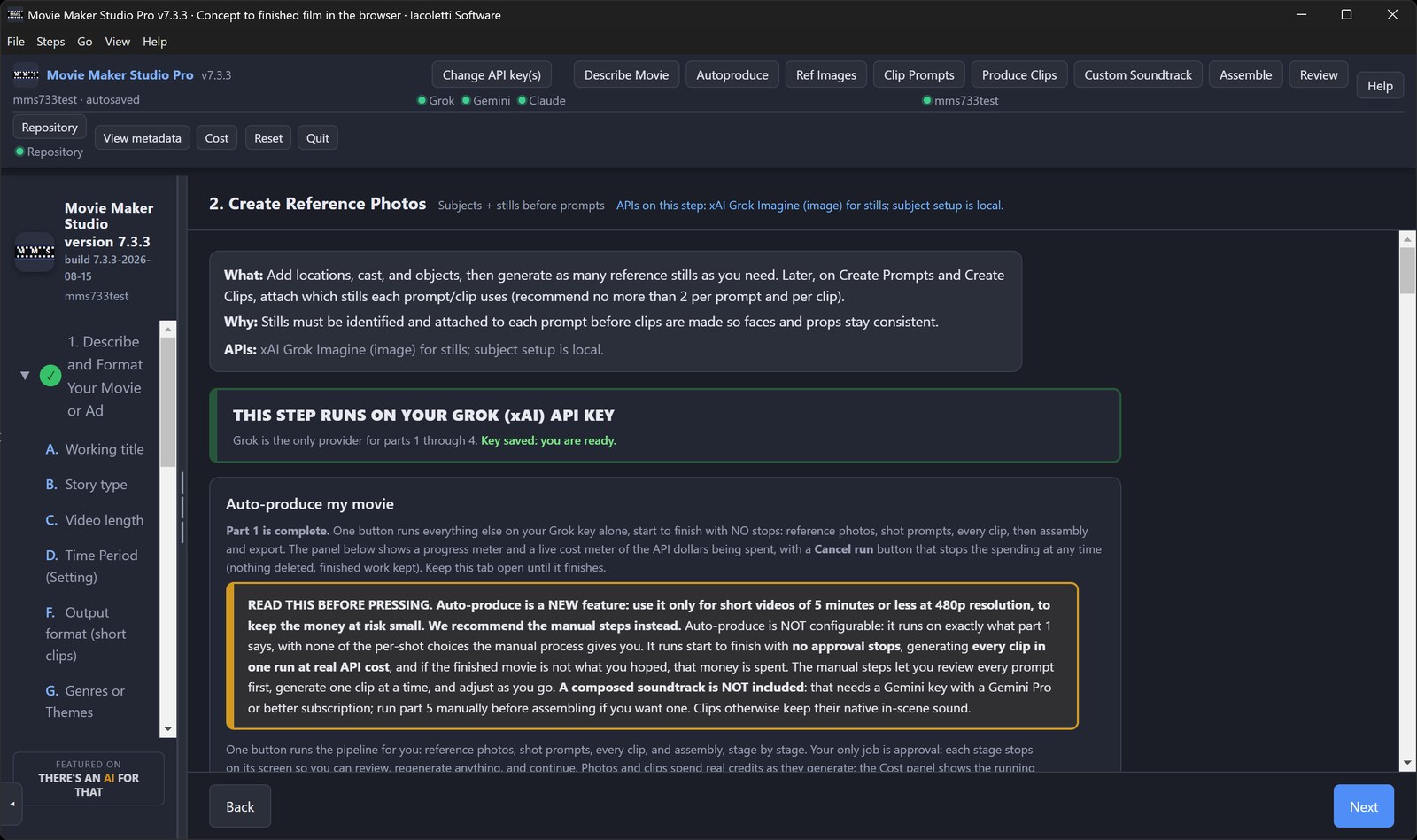 Auto-produce runs the entire pipeline on one key, with a live cost meter and a Cancel button.