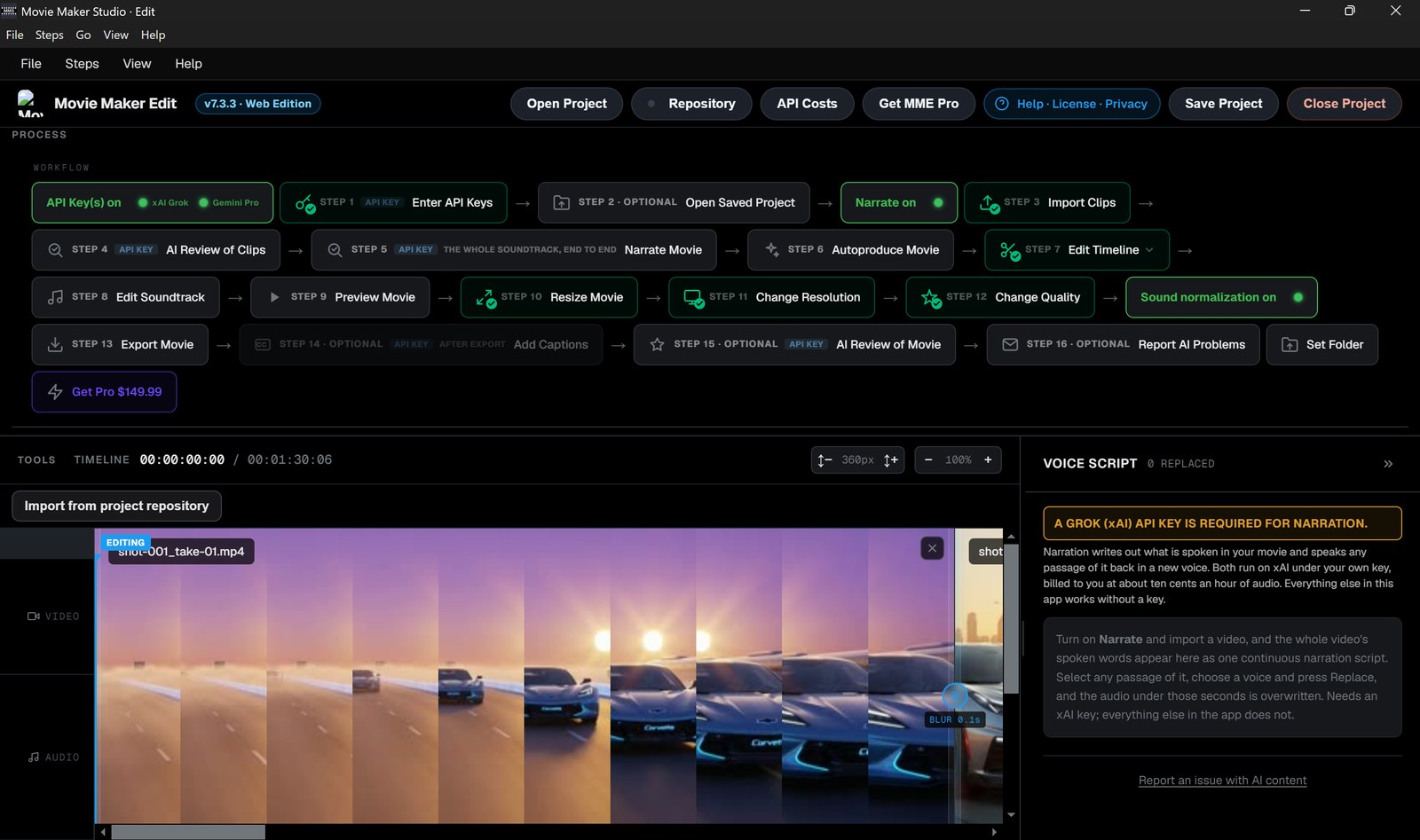 The full Movie Maker Edit timeline is built in for trimming, transitions and captions.
