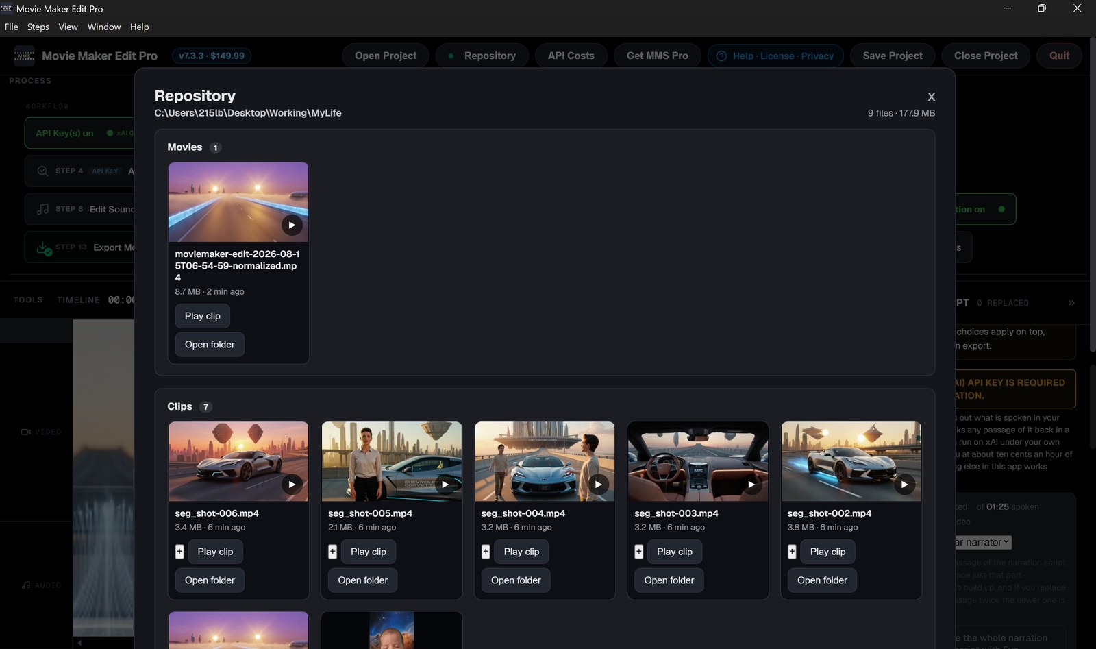 Your repository: every movie, clip and export in your own folder, playable in the app.